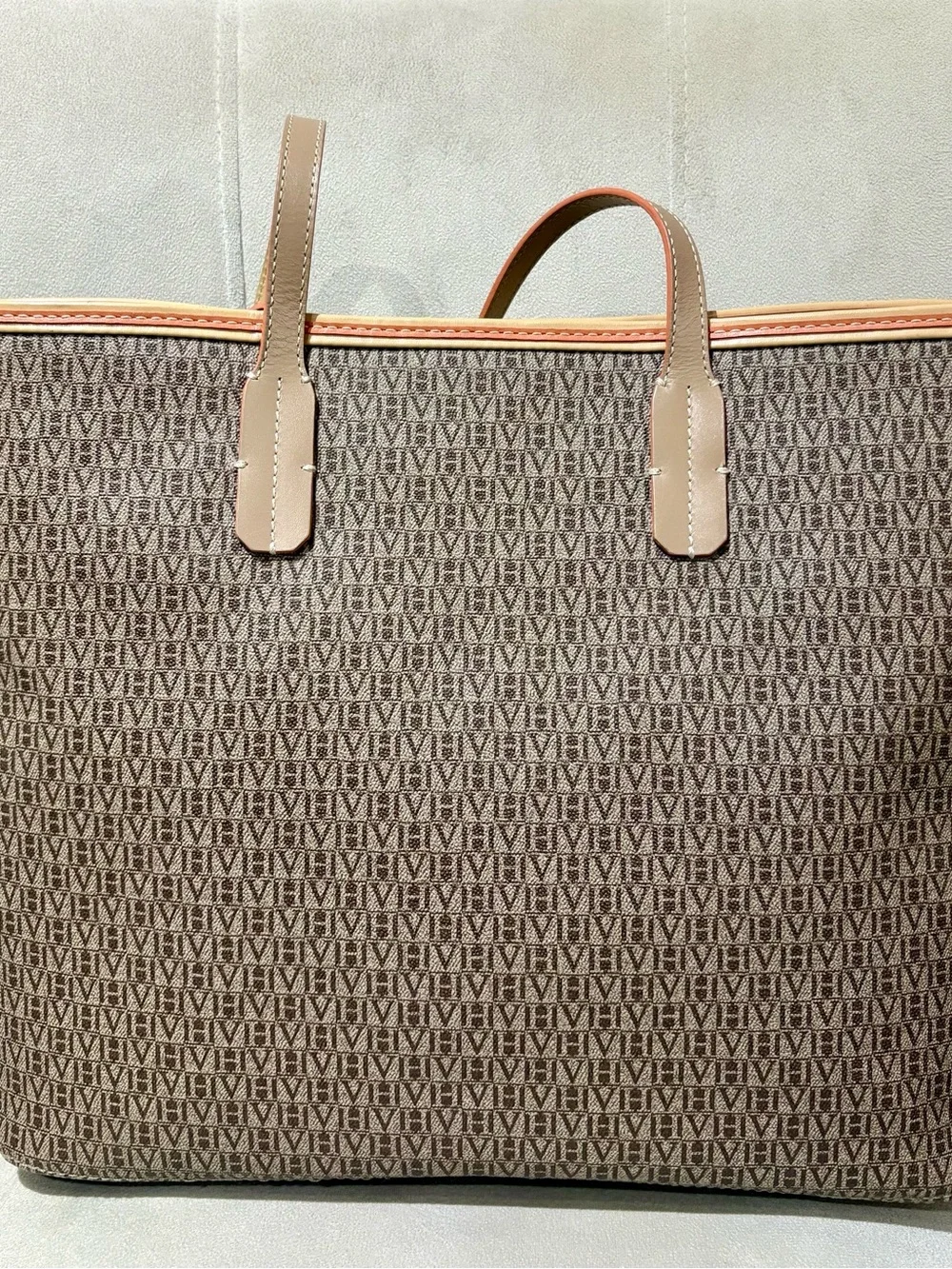Victor Hugo Italian Leather Brown Monogram Tote Bag in Tan Trim